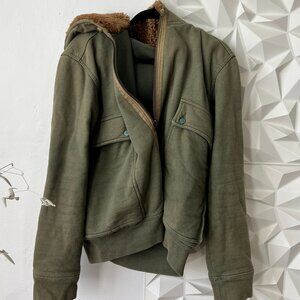 Diesel Vintage Military Sherpa Lined Zip Hoodie Olive Green "Angry Hippie" Tag